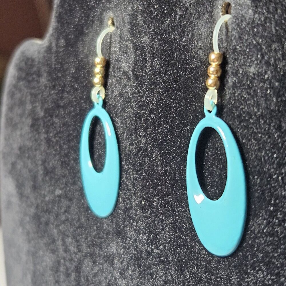Blue Enamel Metal Dangling Ovals With Gold Bead Accent Earrings - Picture 5 of 11